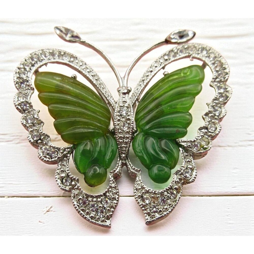 Vintage SAMO 1007 Green Carved Jade Butterfly Brooch Rhinestone Silver Tone Pin
